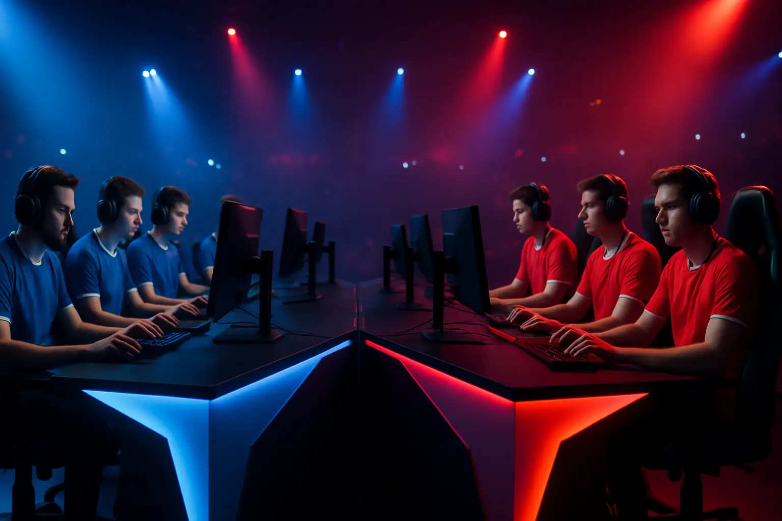 Two professional esports teams facing off on a large arena stage under dramatic lighting