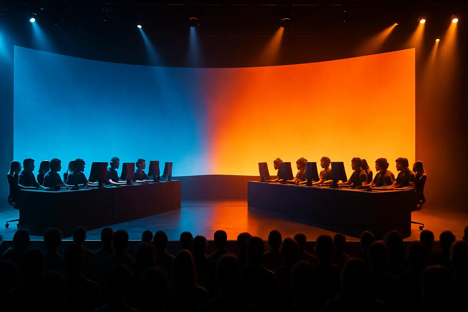 Two esports teams competing on a large stage with digital screens in the background