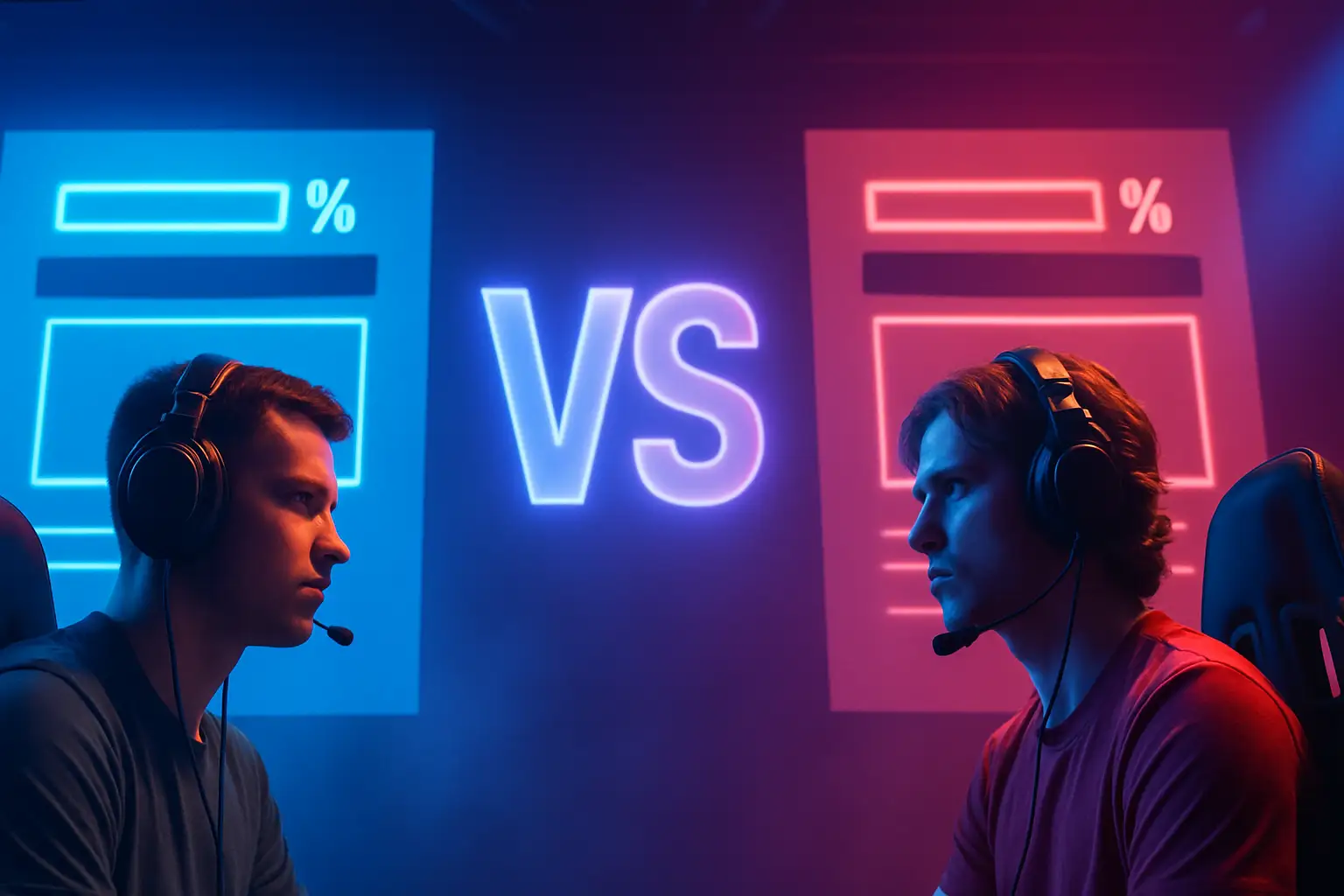 Two esports teams facing off on a competitive gaming stage with prediction market odds displayed on screens