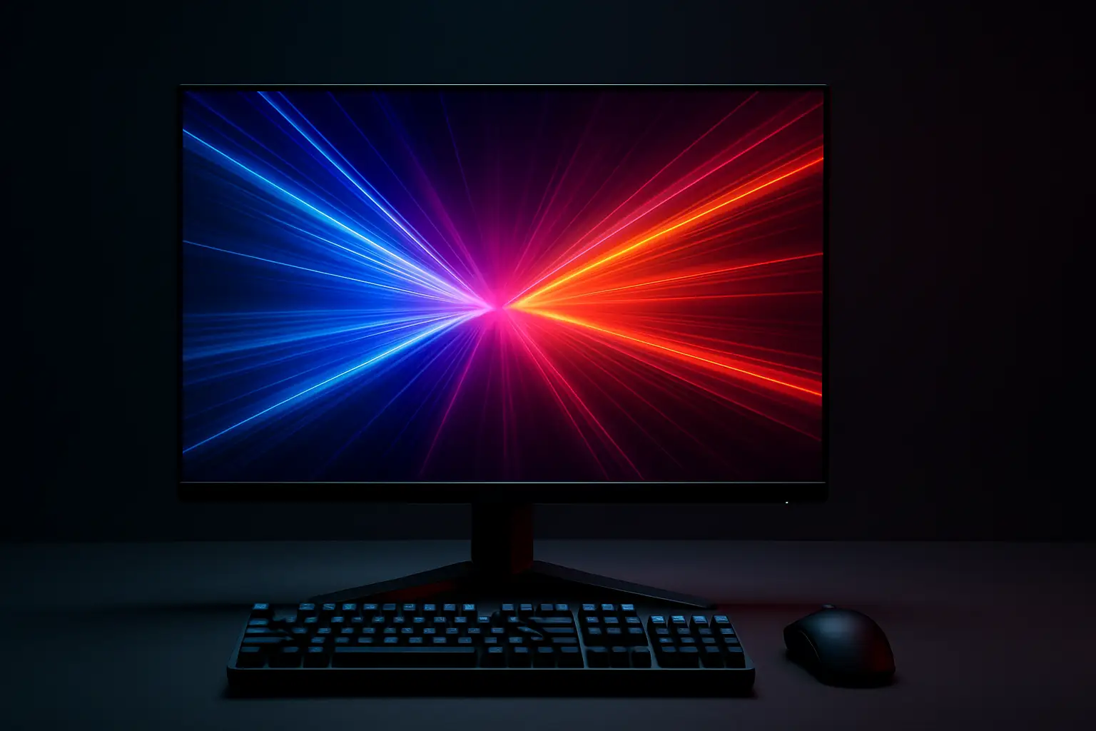 A sleek gaming monitor glowing on a dark desk surrounded by esports peripherals
