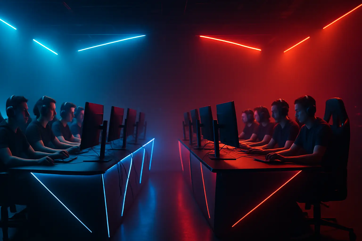 Two VALORANT esports teams preparing to compete at a gaming arena with glowing screens and headsets