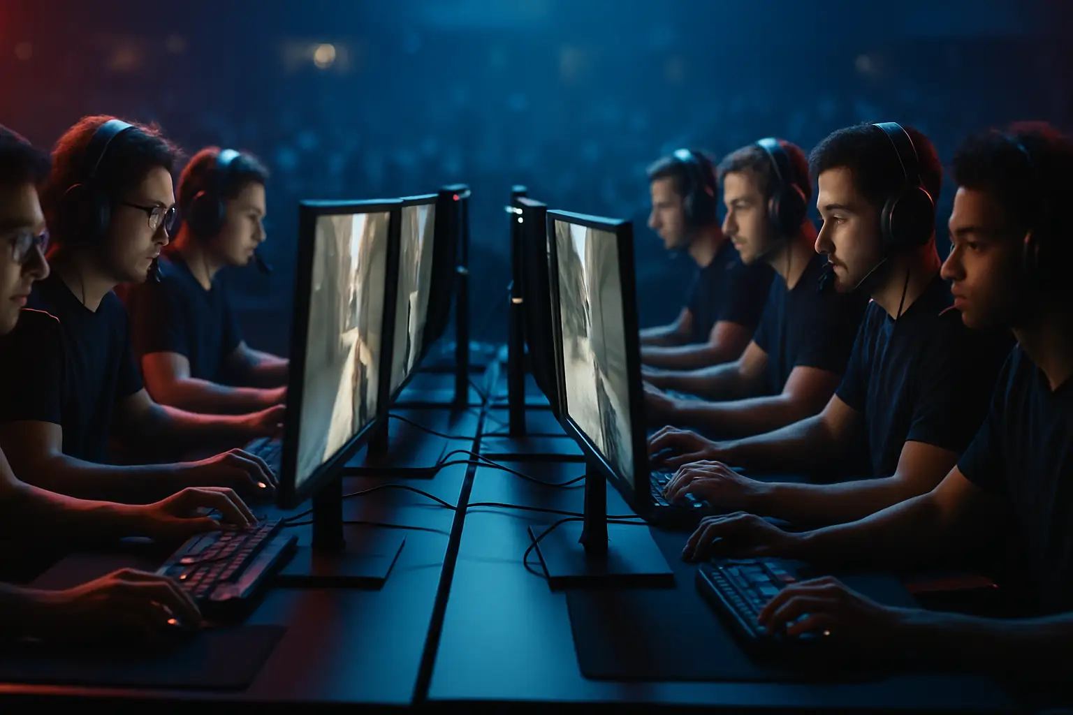 Two esports players facing off at a VALORANT competitive match event with screens in the background