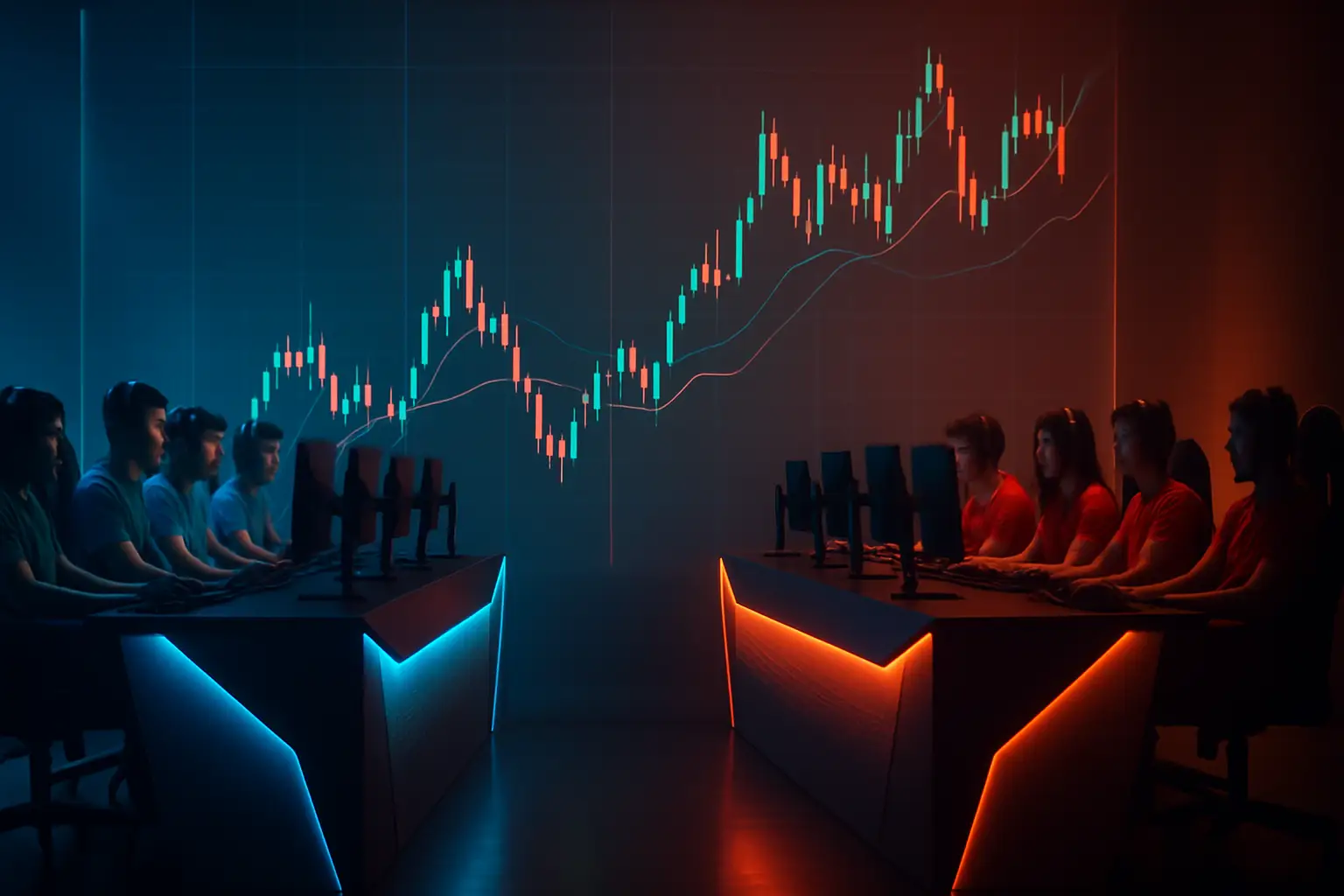 Two esports teams facing off on a competitive stage with digital market graphics in the background