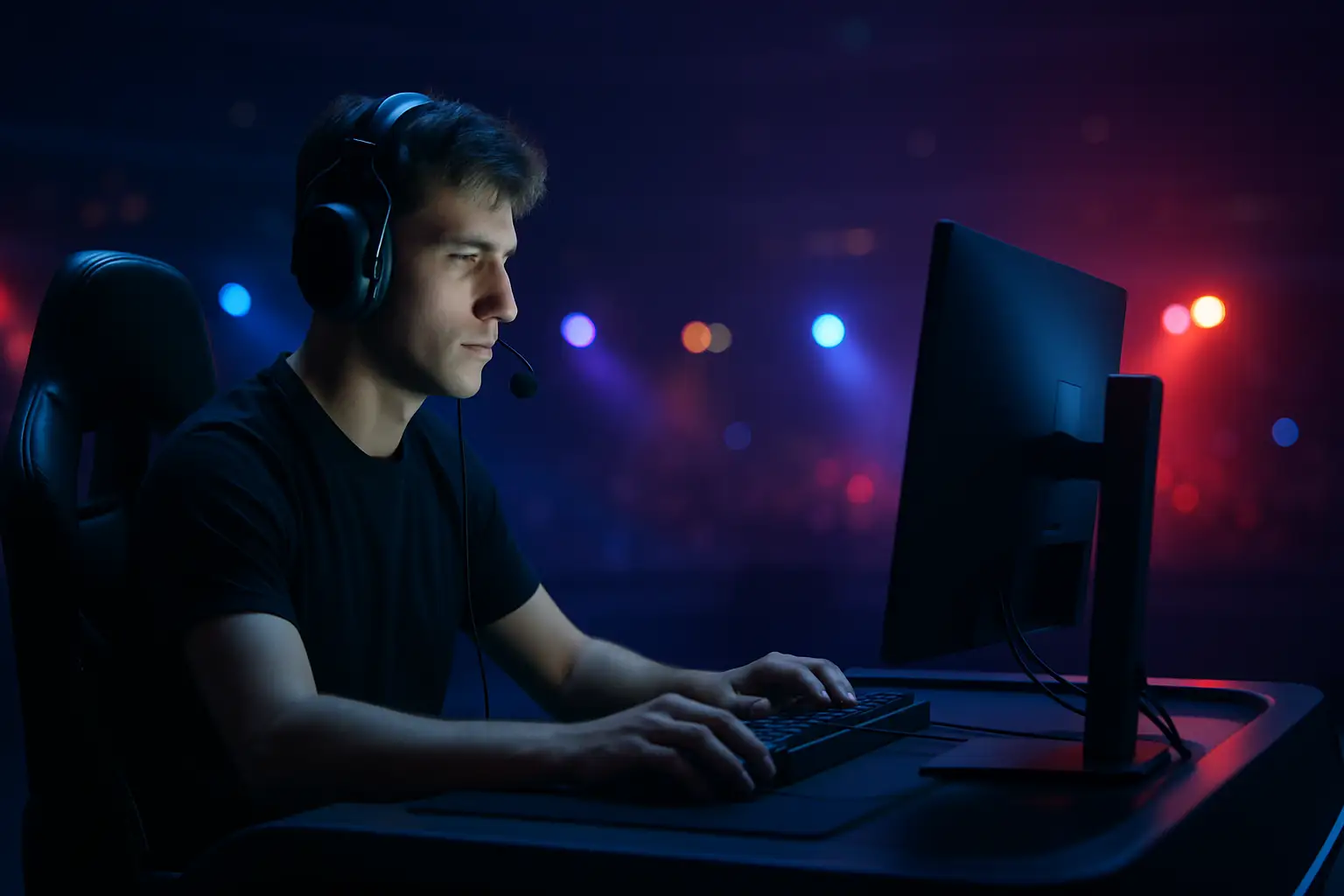 A competitive CS player at a gaming station under dramatic arena lighting during a qualifier event