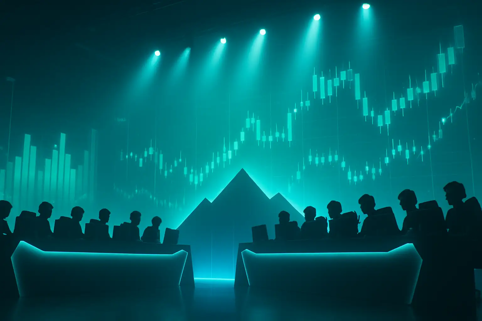 Two esports teams facing off on a digital arena stage with financial market graphics overlaid