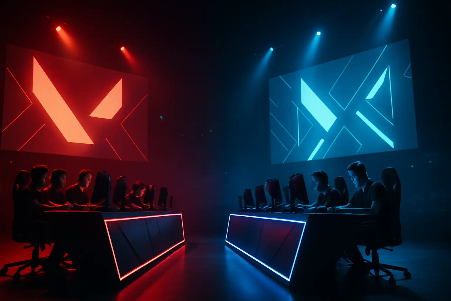 Two Valorant teams facing off on a competitive stage with glowing screens and game visuals in the background