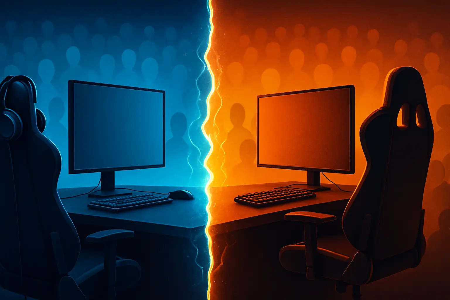 Two eSports teams facing off on a digital arena stage with glowing screens and crowd silhouettes