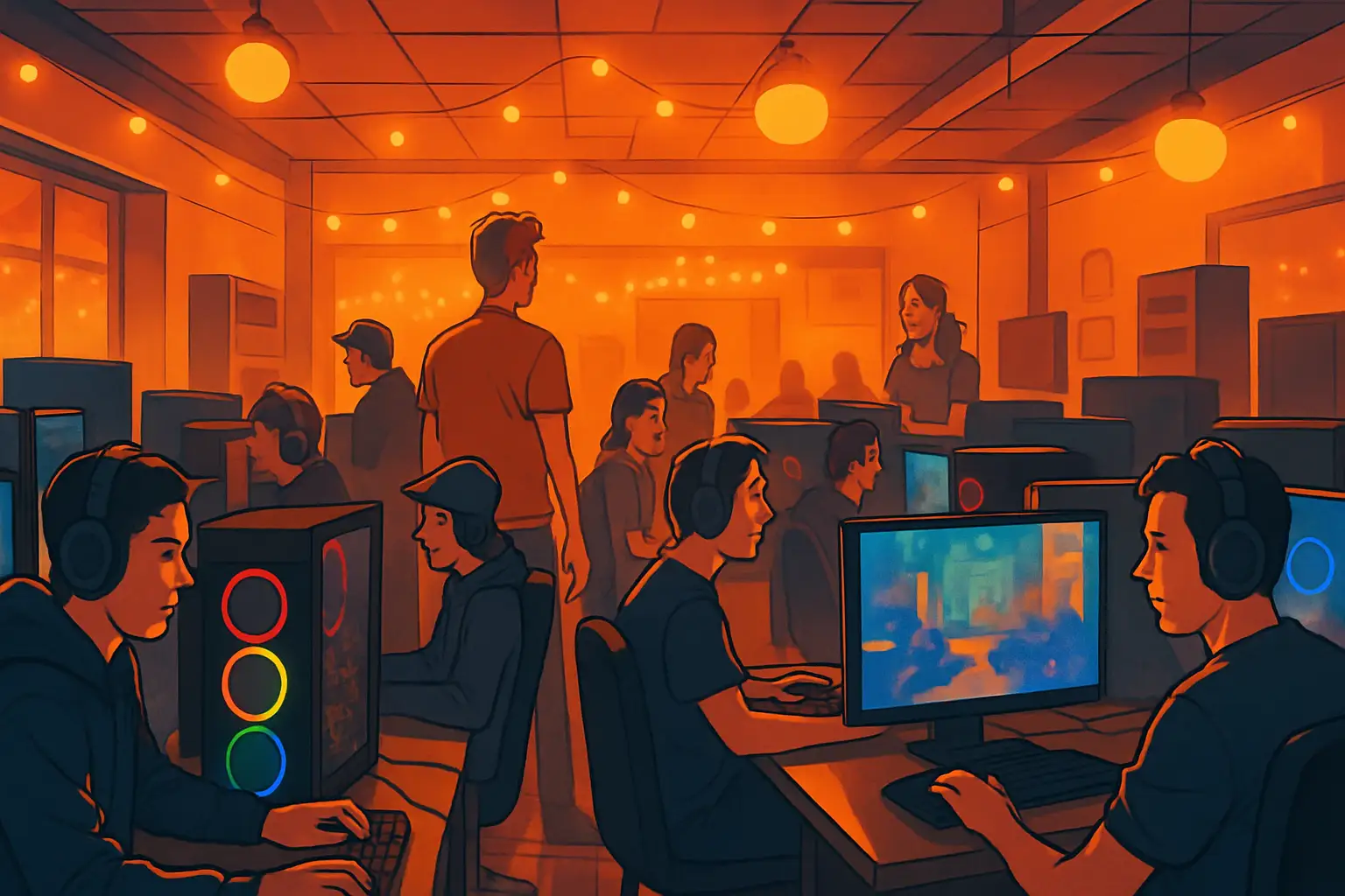 Colorful gaming internet cafe interior with glowing PC setups and players gathered for an opening event