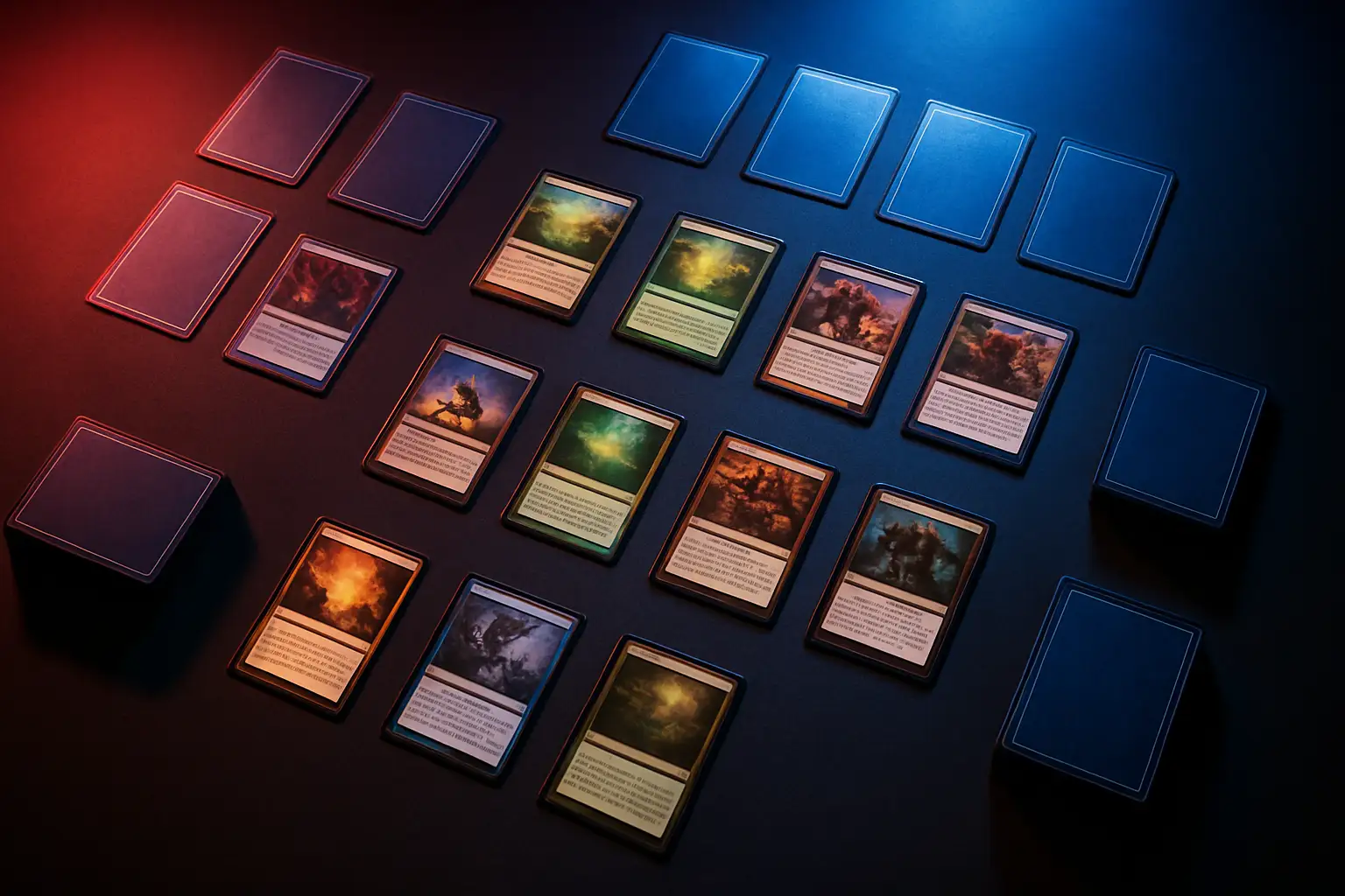 A trading card game table with competitive play cards spread out under a spotlight