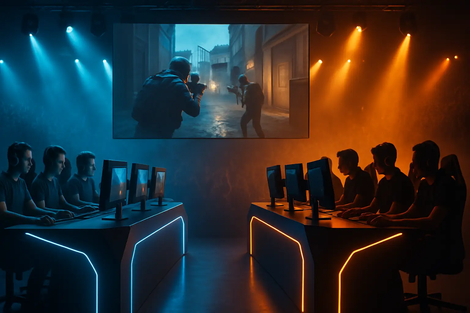 Two esports teams competing on stage at an Overwatch tournament under bright arena lights