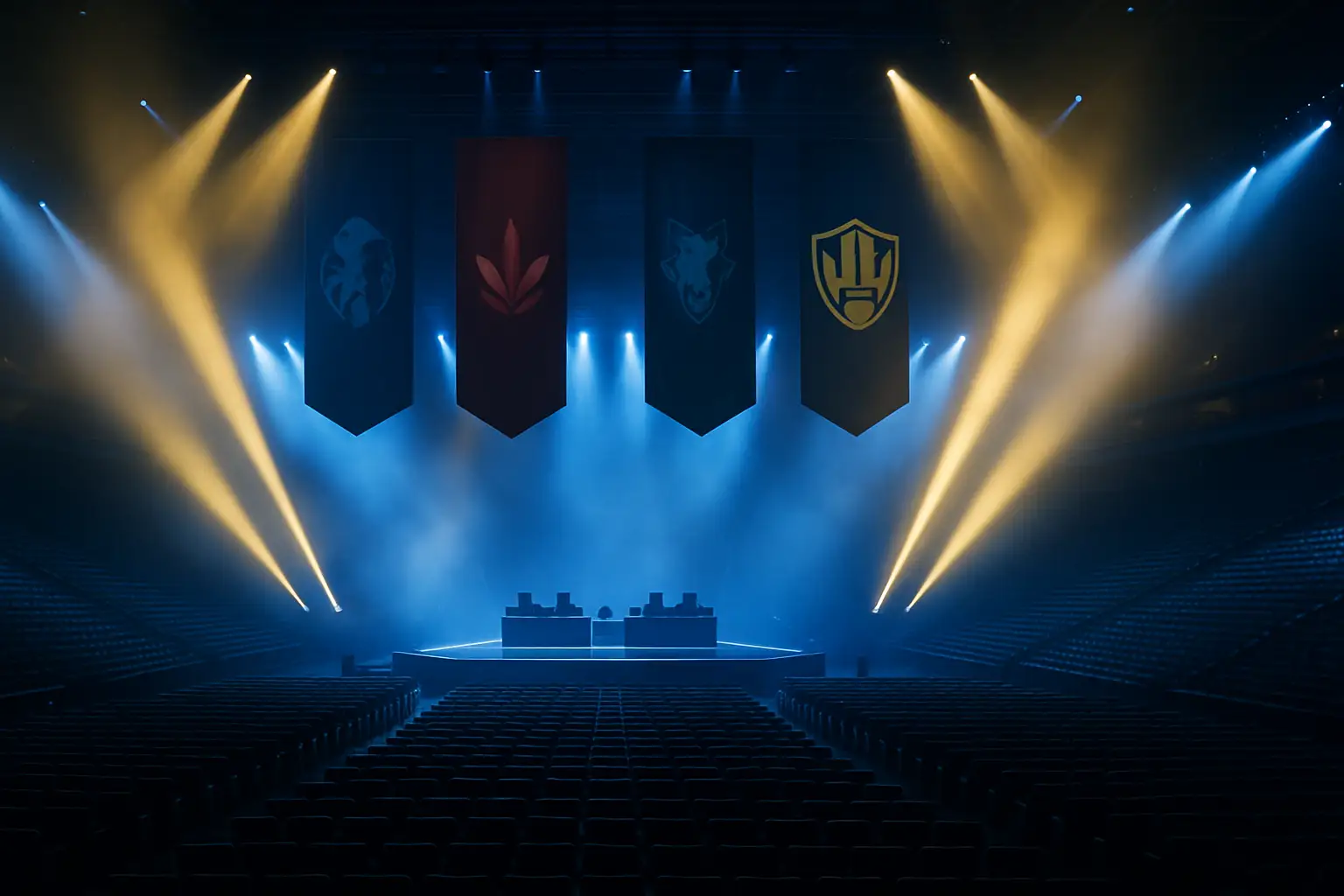 Four esports team flags representing the LoL Esports World Cup semifinalists on a dramatic arena stage