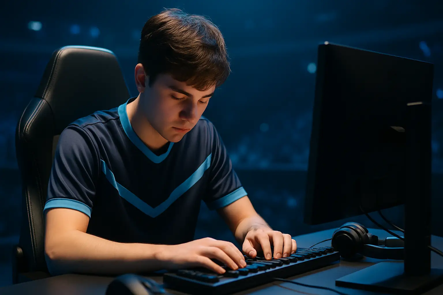 T1 support player Phase looking down at his gaming station in a competitive arena setting