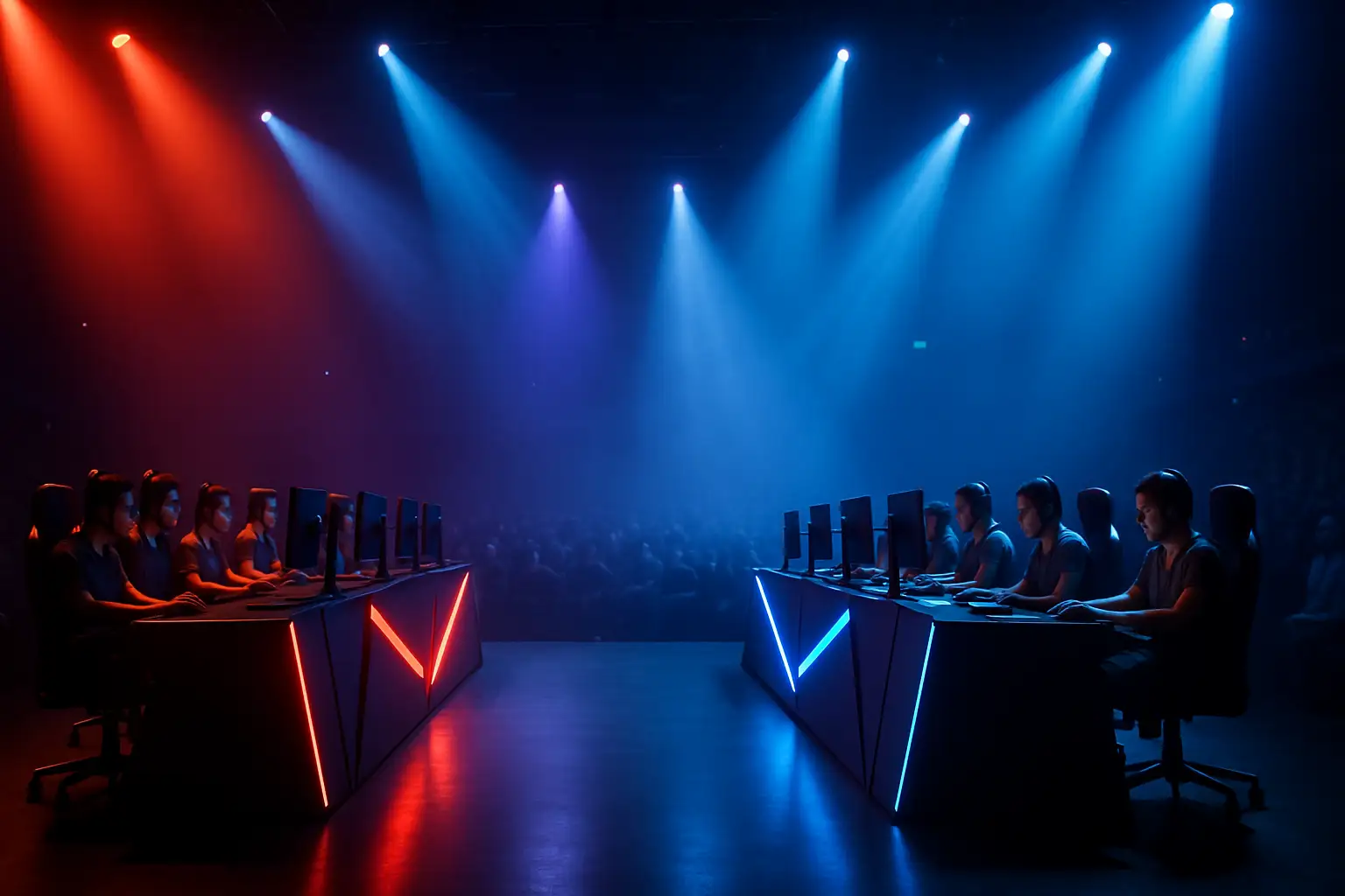 Two eSports teams competing in a high-stakes best-of-three series on a tournament stage