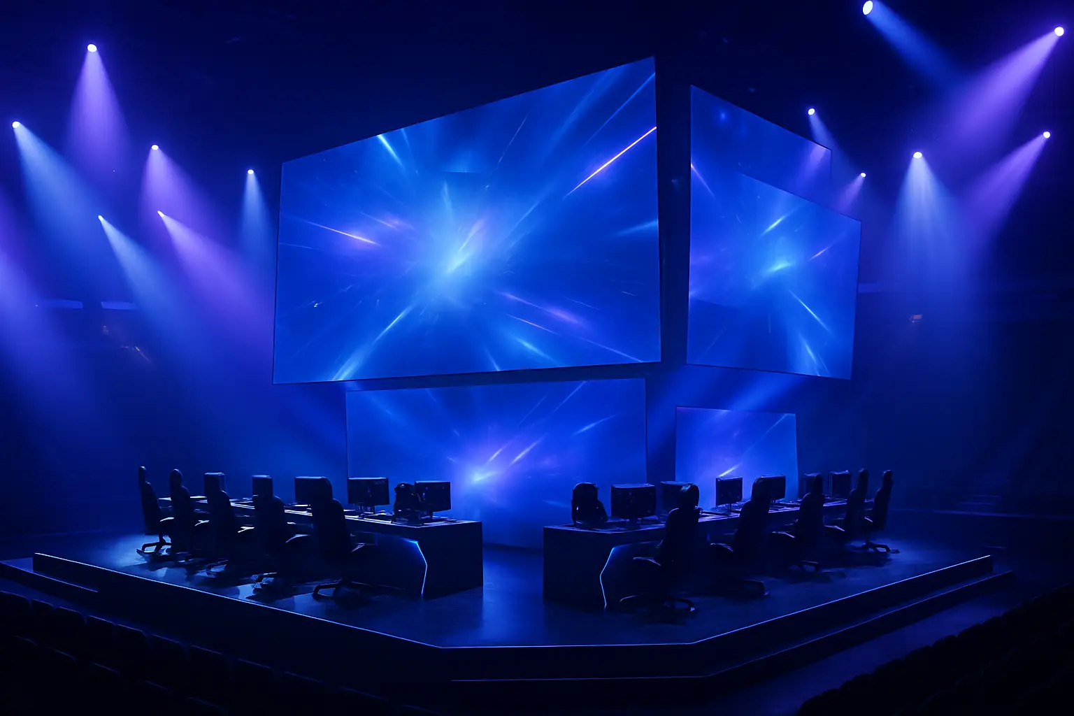 An esports arena with glowing screens and a competitive gaming stage setup