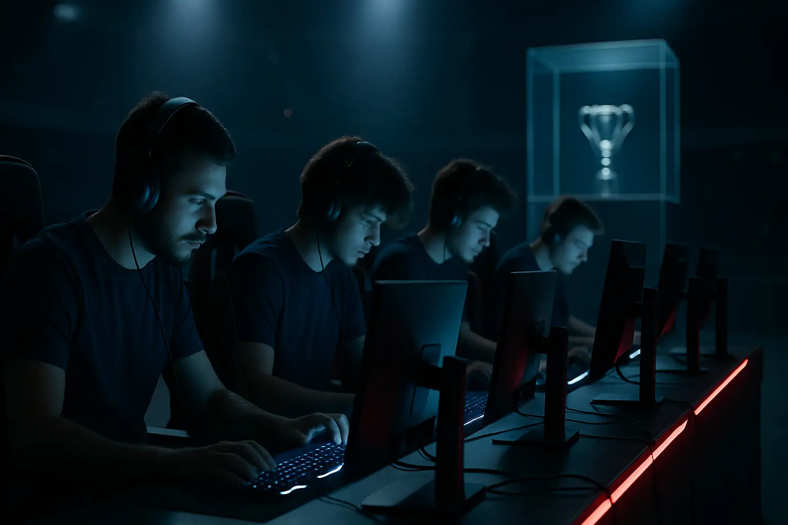 An esports team sitting dejected at gaming stations after a tournament loss