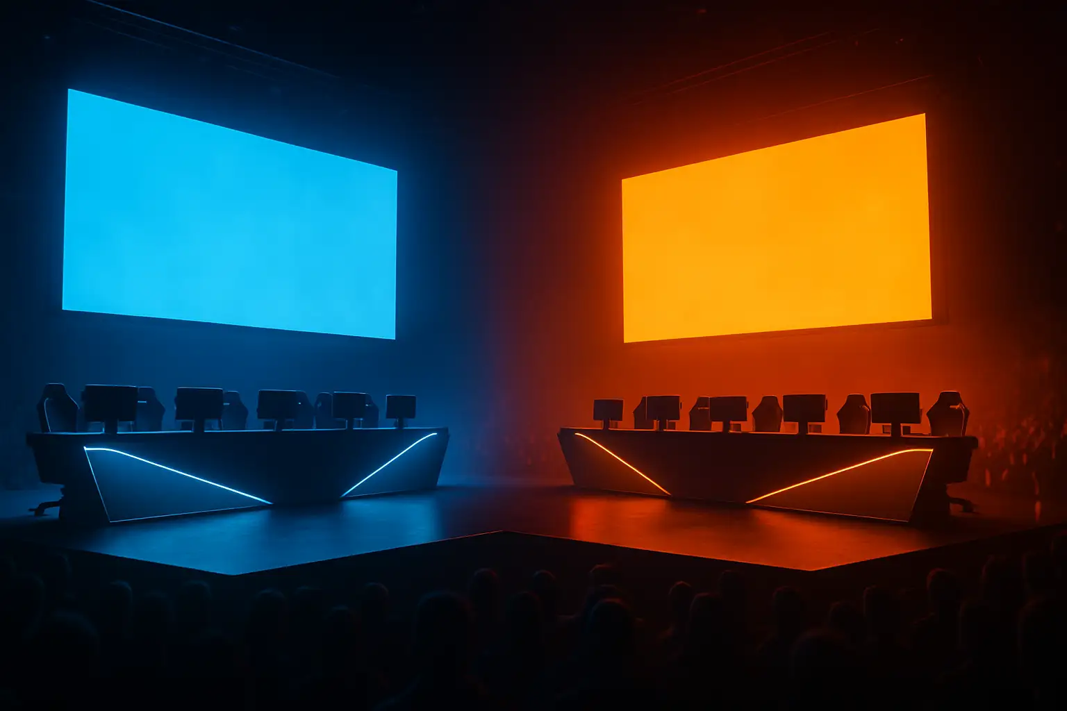 Esports arena stage lit in blue and purple with two teams facing off on large screens
