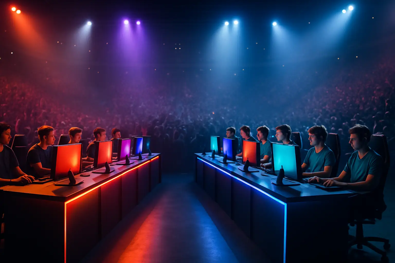 An esports team competing on stage under bright arena lights at a professional Overwatch tournament