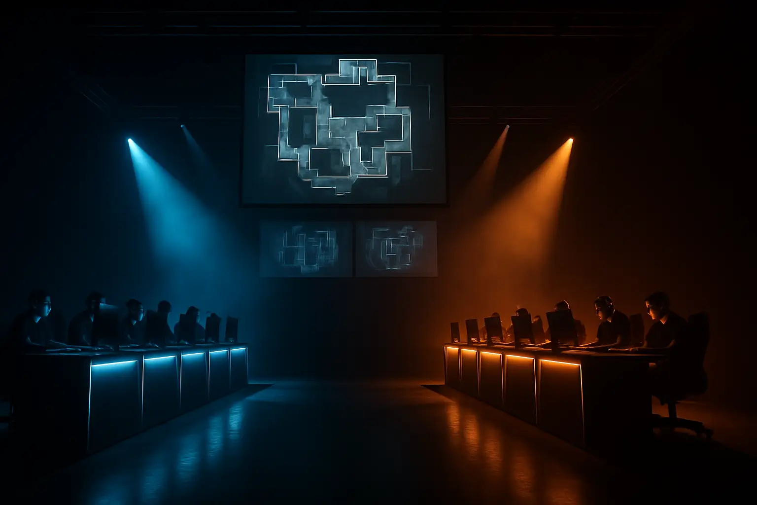 Two esports teams competing on a Rainbow Six Siege match stage under bright arena lighting