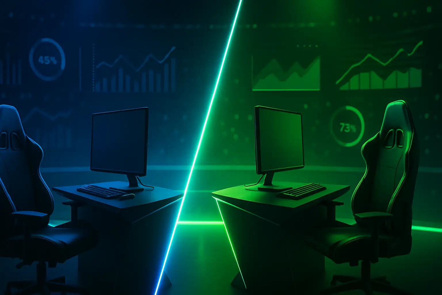 Two esports teams facing off on a competitive stage with prediction market odds displayed on screens