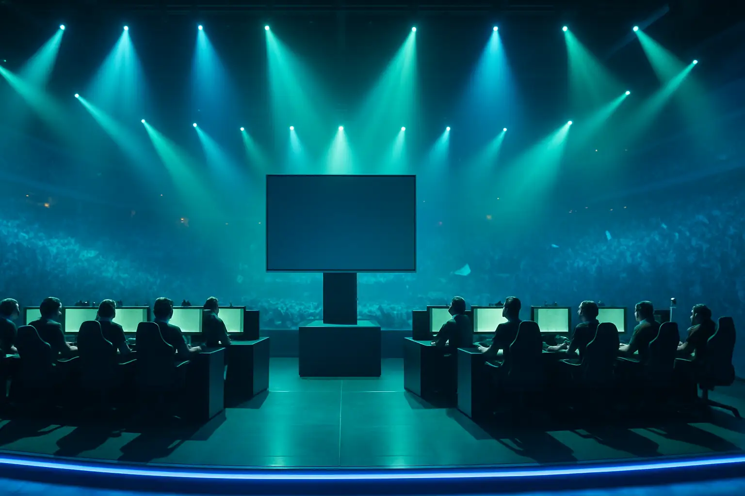 Two League of Legends teams competing on a tournament stage with Brazilian crowd in the background