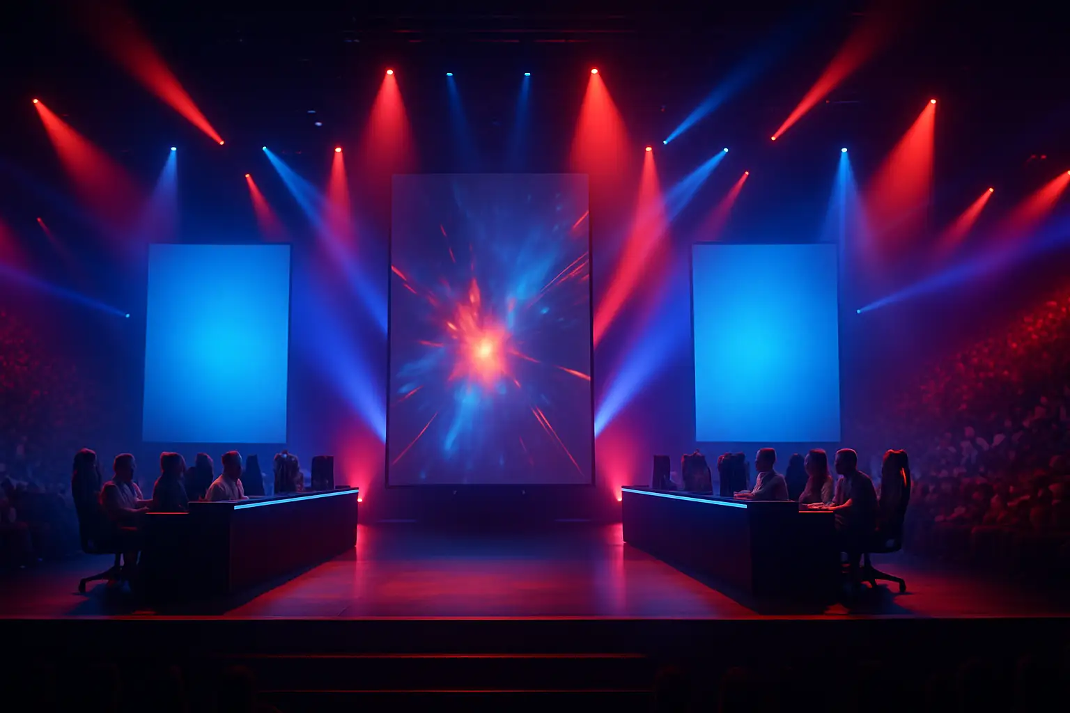 Esports players competing on stage at a large international tournament with dramatic lighting