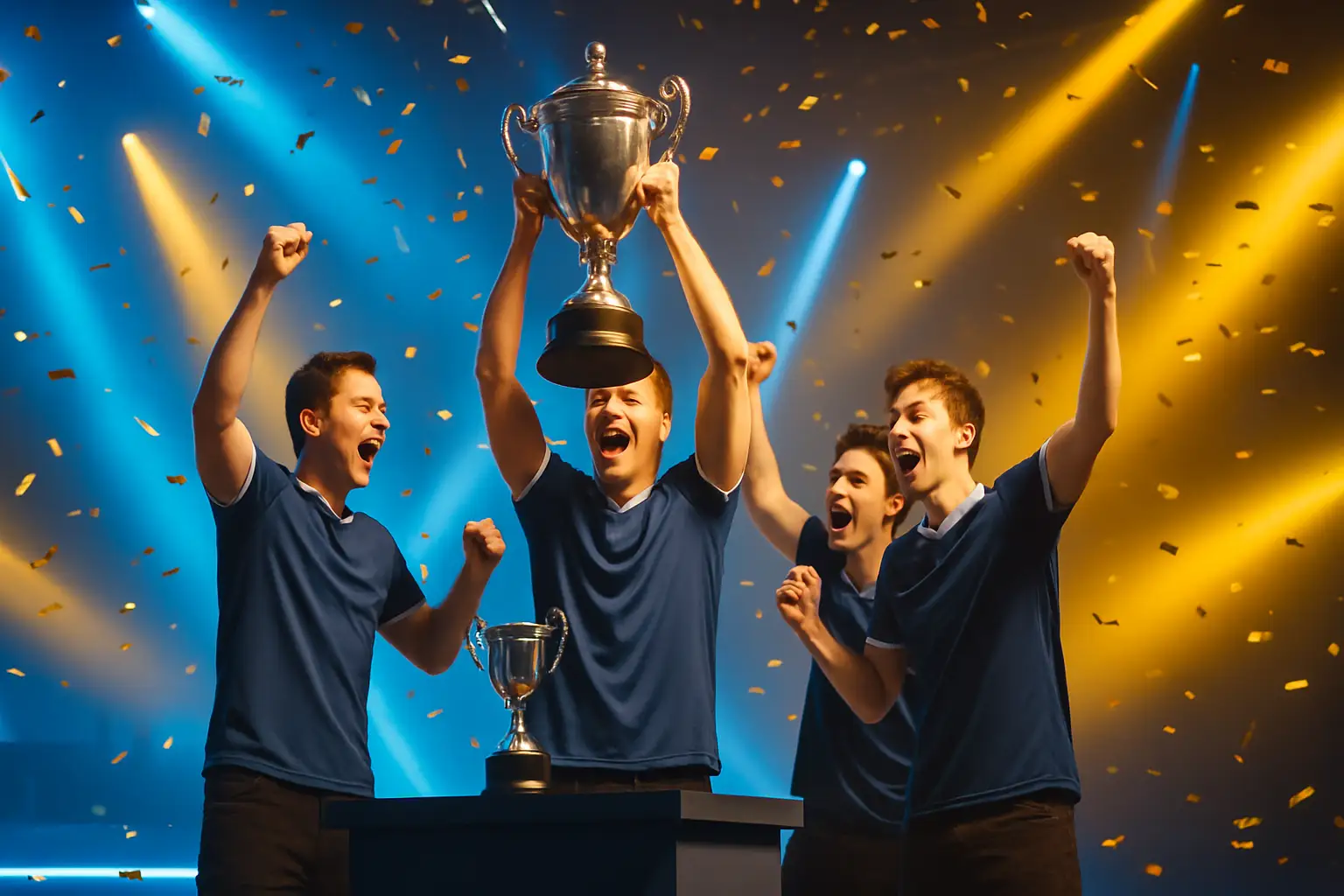 CS2 players celebrating a championship victory on a large esports stage with colorful lighting