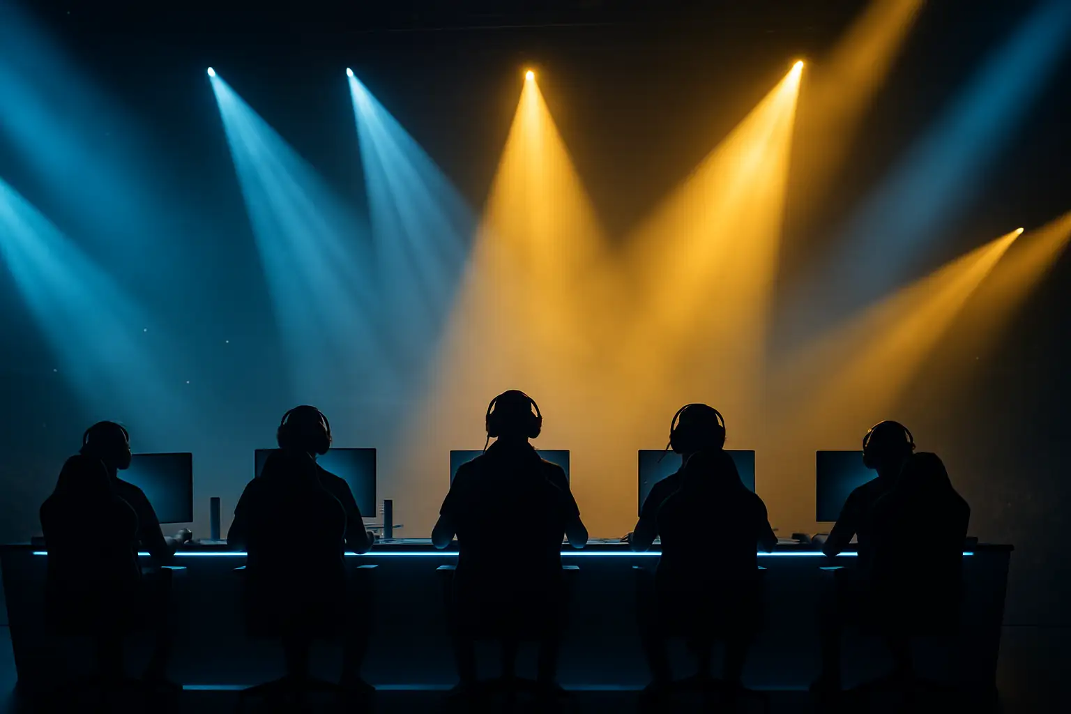 Esports players competing on stage at a major international tournament under dramatic lighting