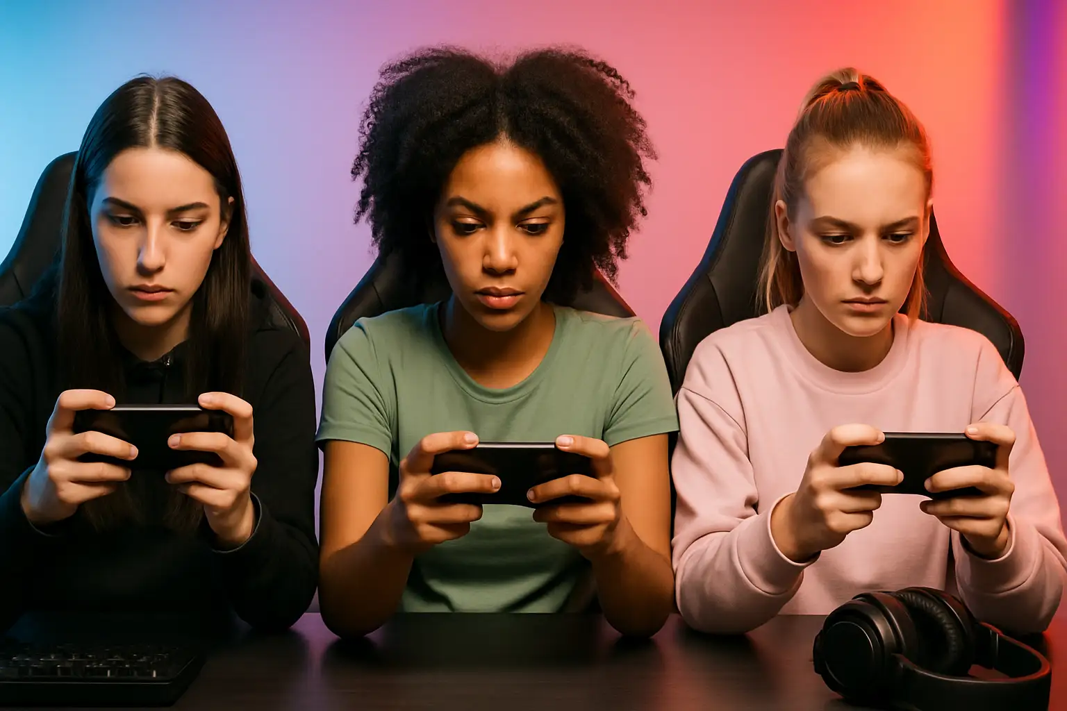 Women esports players focused on mobile devices during a competitive gaming session