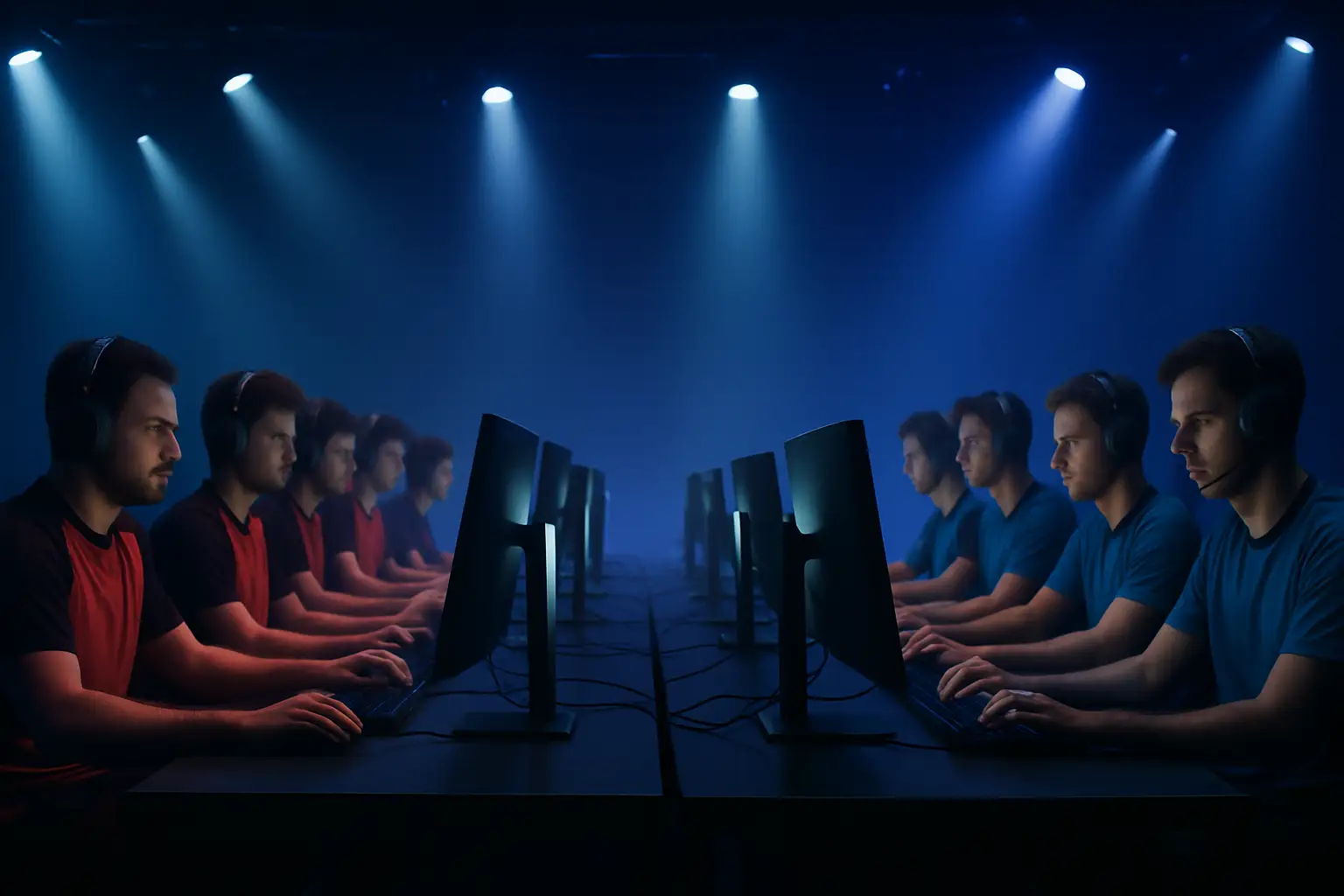 Two esports teams competing on a tactical shooter map with glowing monitors and a tense arena atmosphere