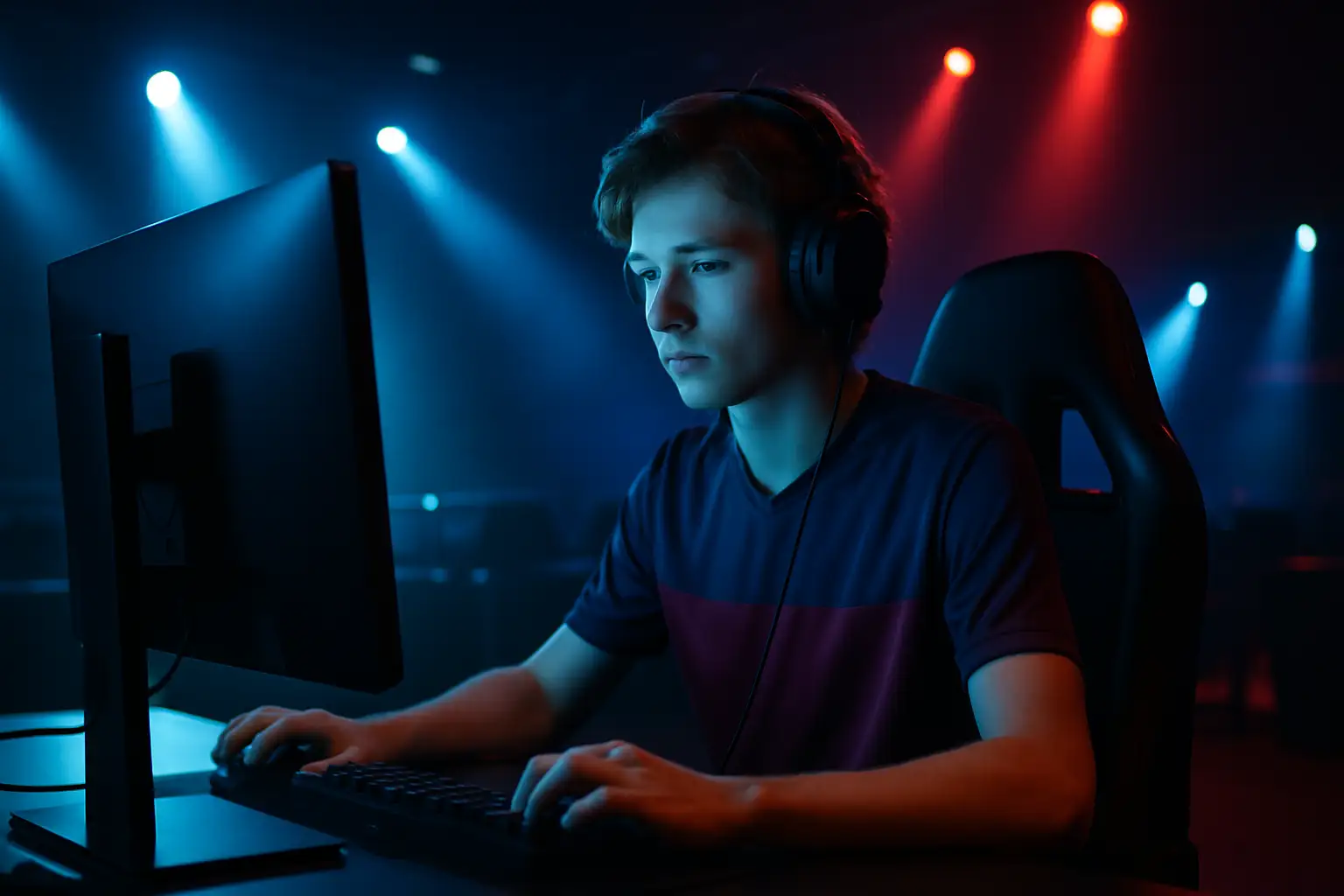 A competitive Valorant player at a gaming setup with team branding in a darkened esports arena