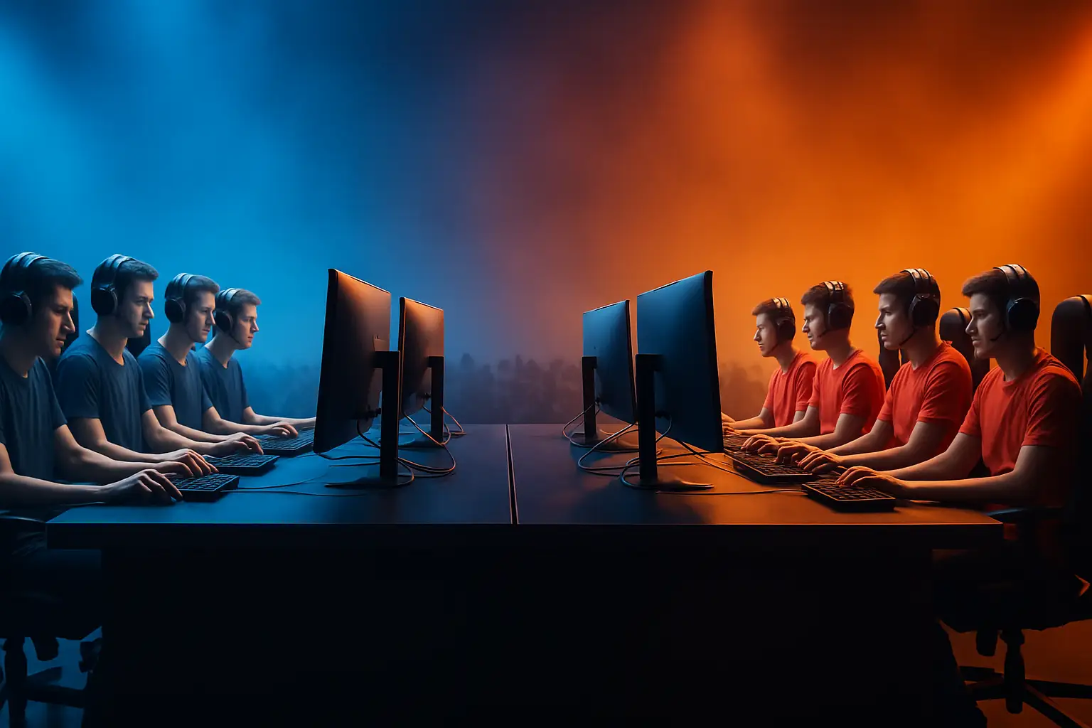 Two esports teams competing in a VALORANT match on a large arena stage with glowing screens