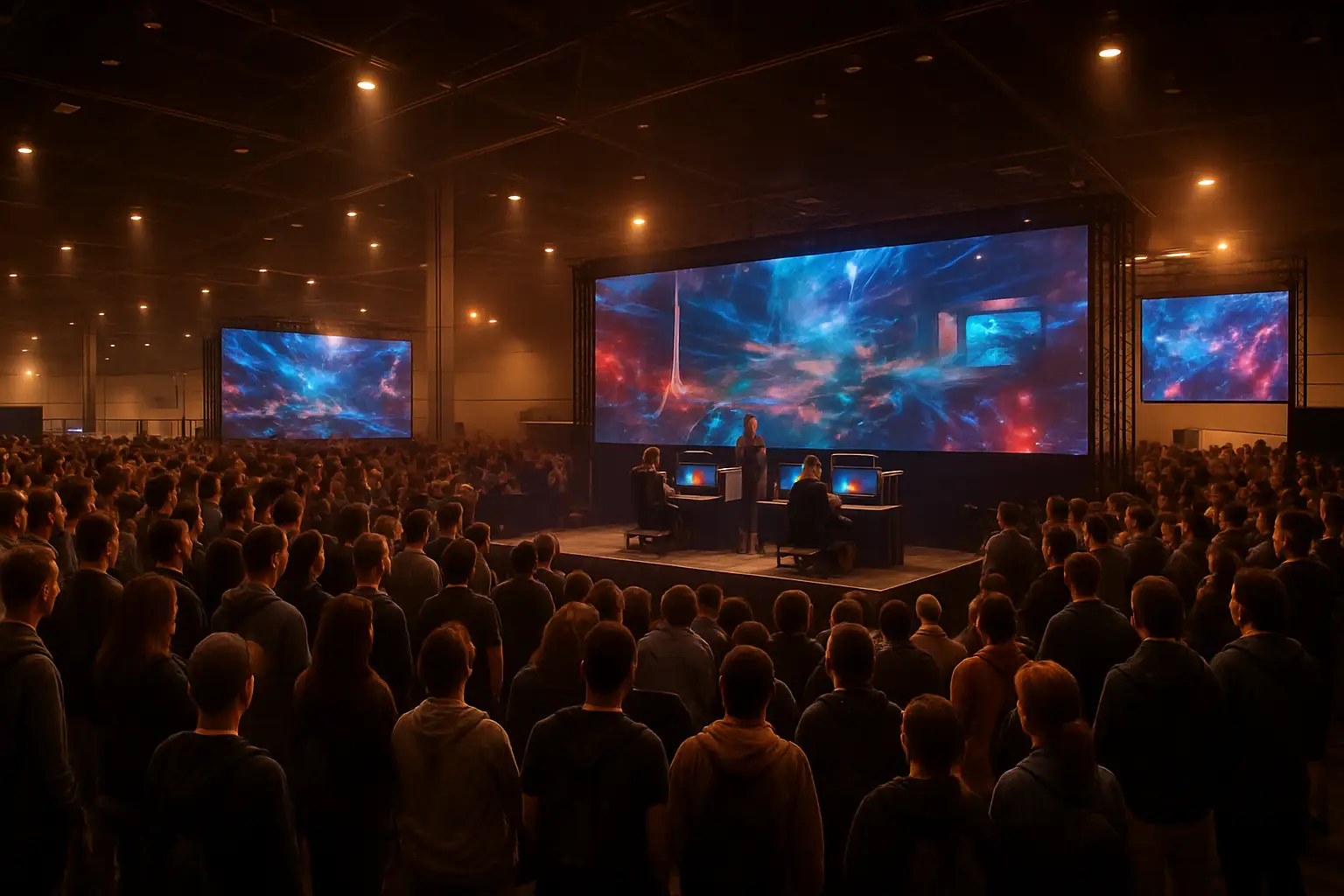 Esports event space at a large gaming convention with competitive gaming screens and crowd
