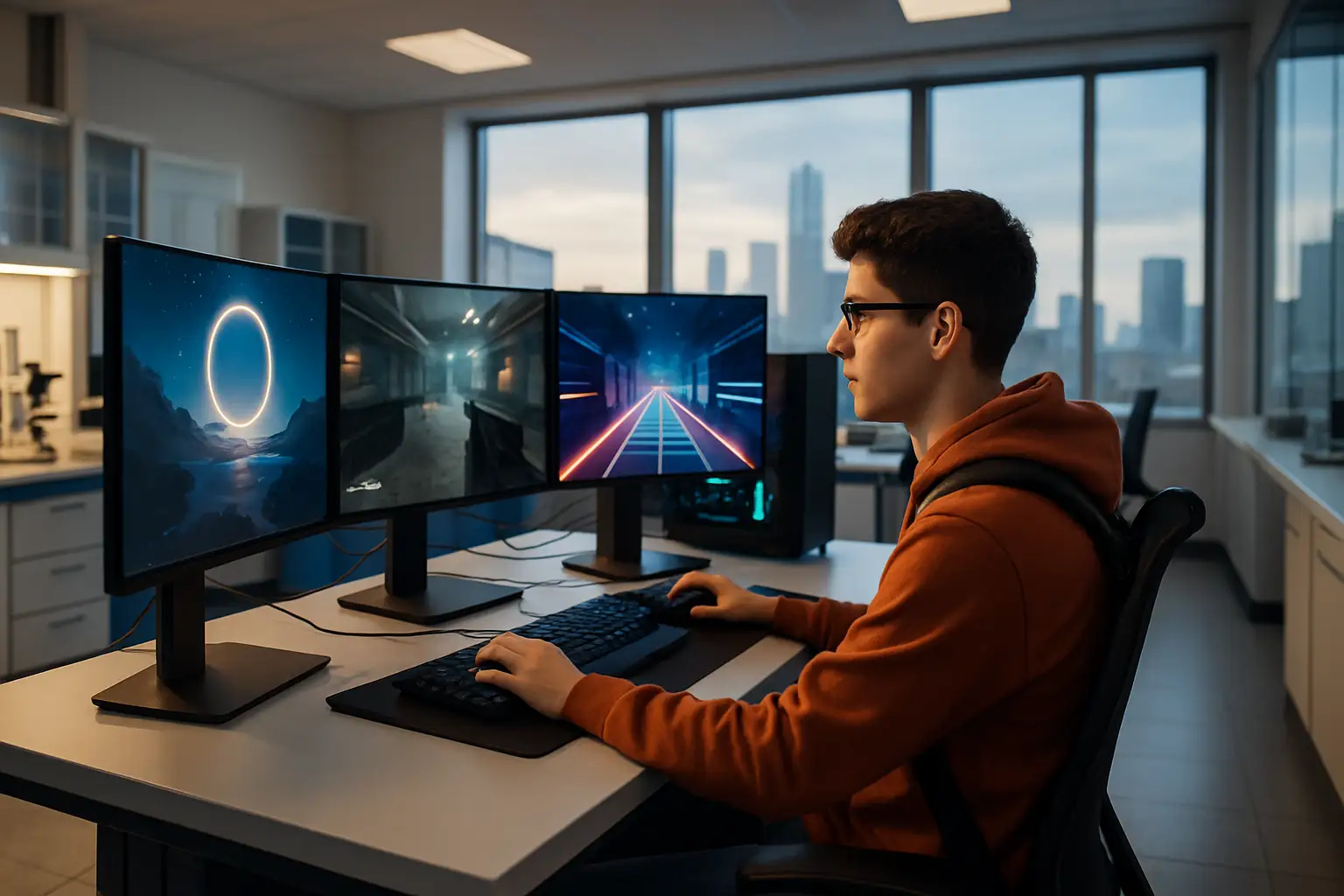 A student working at a gaming setup inside a modern university esports facility with city lights visible through large windows