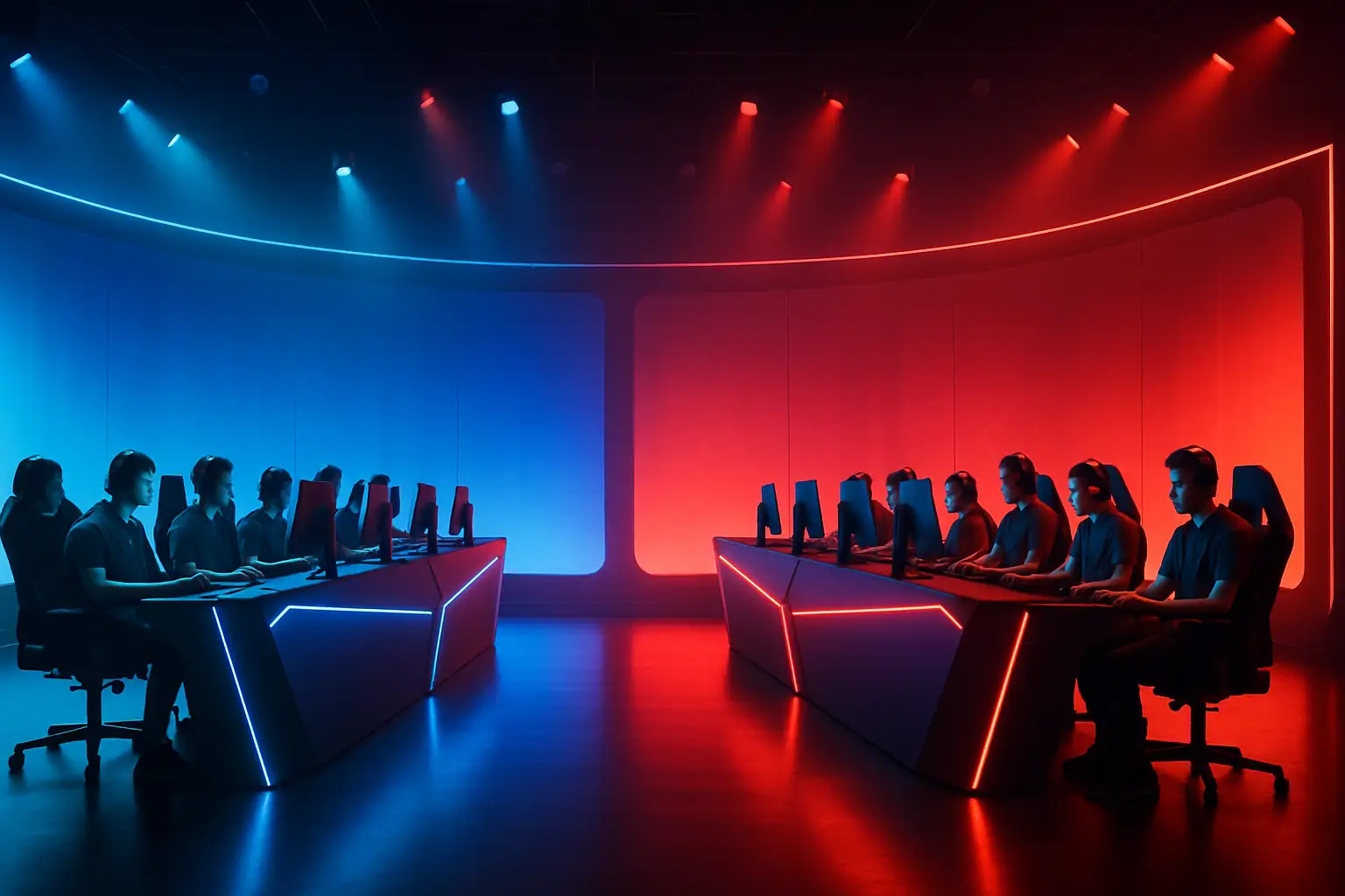 Two esports teams facing off on a large arena stage with dramatic lighting