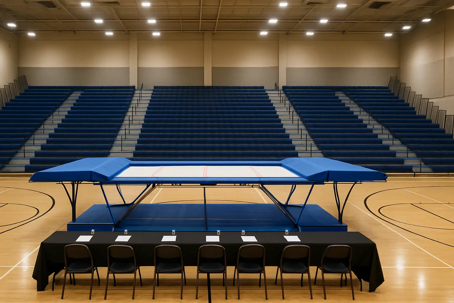 Athletes competing in a trampoline gymnastics championship inside an indoor sports hall