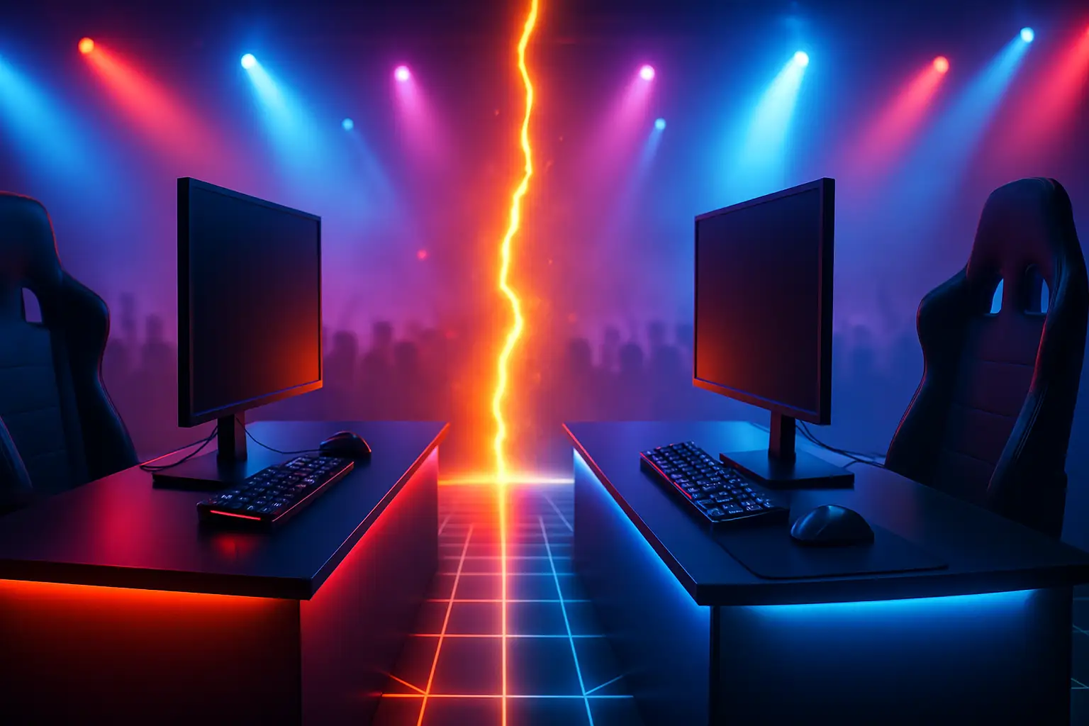 Two esports teams facing off on a digital arena stage with glowing screens and a crowd in the background