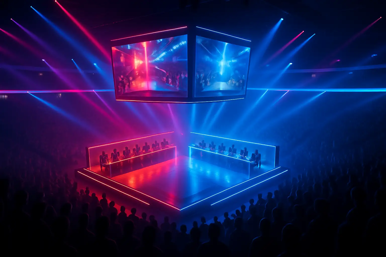 Two Rocket League teams competing in a MENA regional grand final on a glowing arena stage