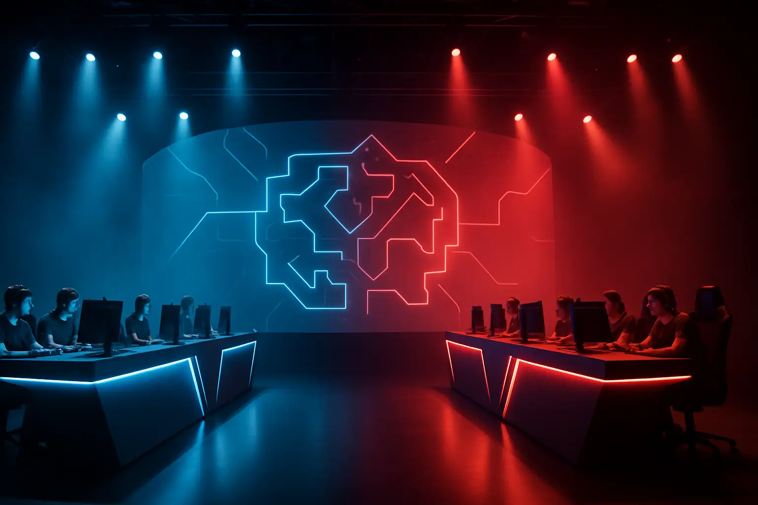 Two Rainbow Six Siege teams facing off on a competitive stage with screens and arena lighting