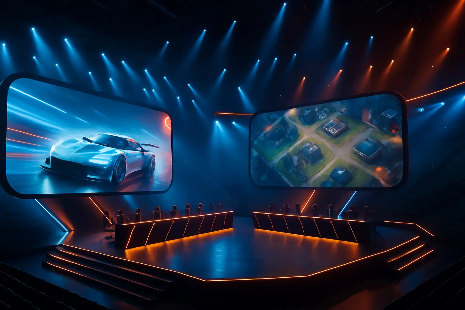 Colorful esports arena stage with large screens and competitive gaming atmosphere