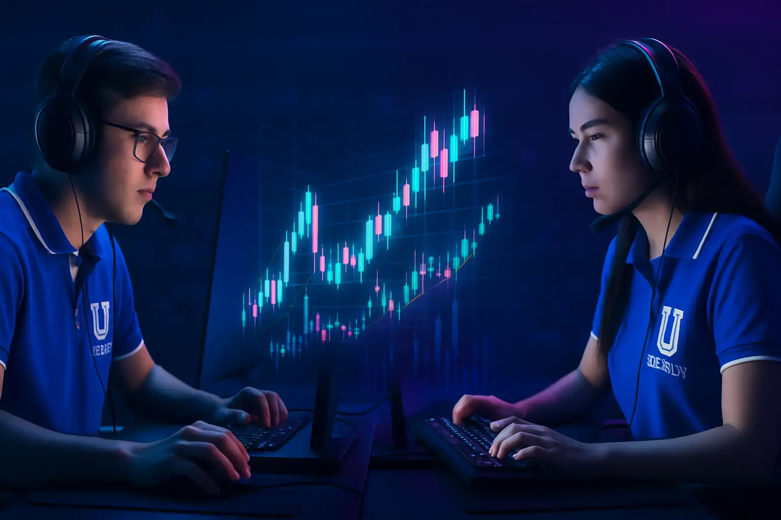 Two esports teams facing off on a tournament stage with a digital prediction market interface in the background