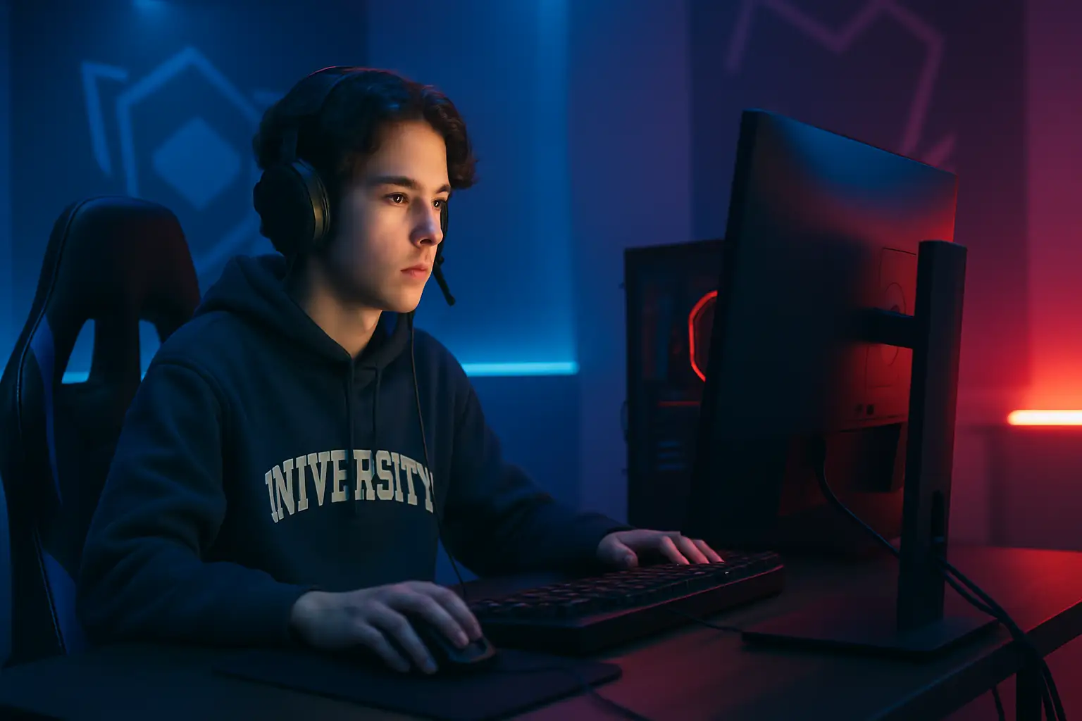 A university student competing in an eSports tournament on a gaming PC in a campus setting