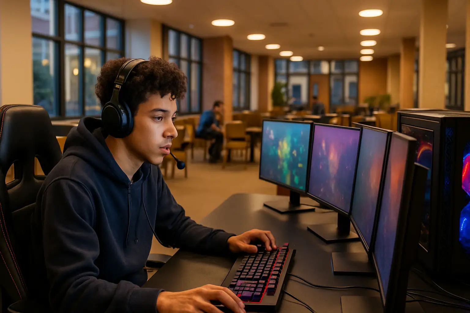 A student competing in an organised eSports tournament at a university venue, surrounded by gaming monitors and team equipment