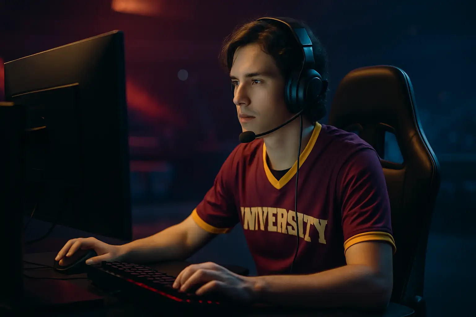 A university student wearing a headset competing in an eSports tournament on a gaming PC