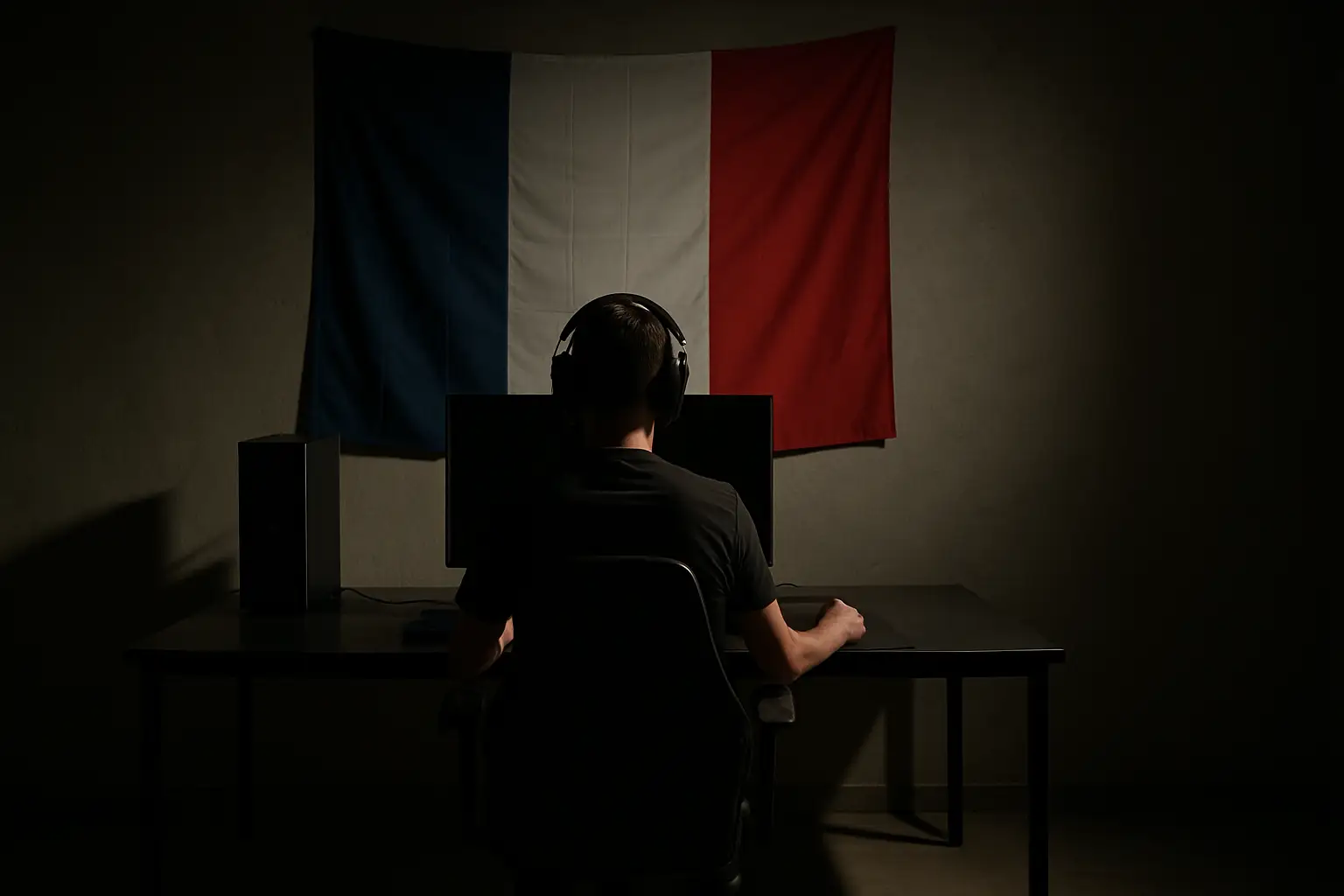 A competitive esports player sits at a darkened gaming station, head bowed, with a Ukrainian flag in the blurred background