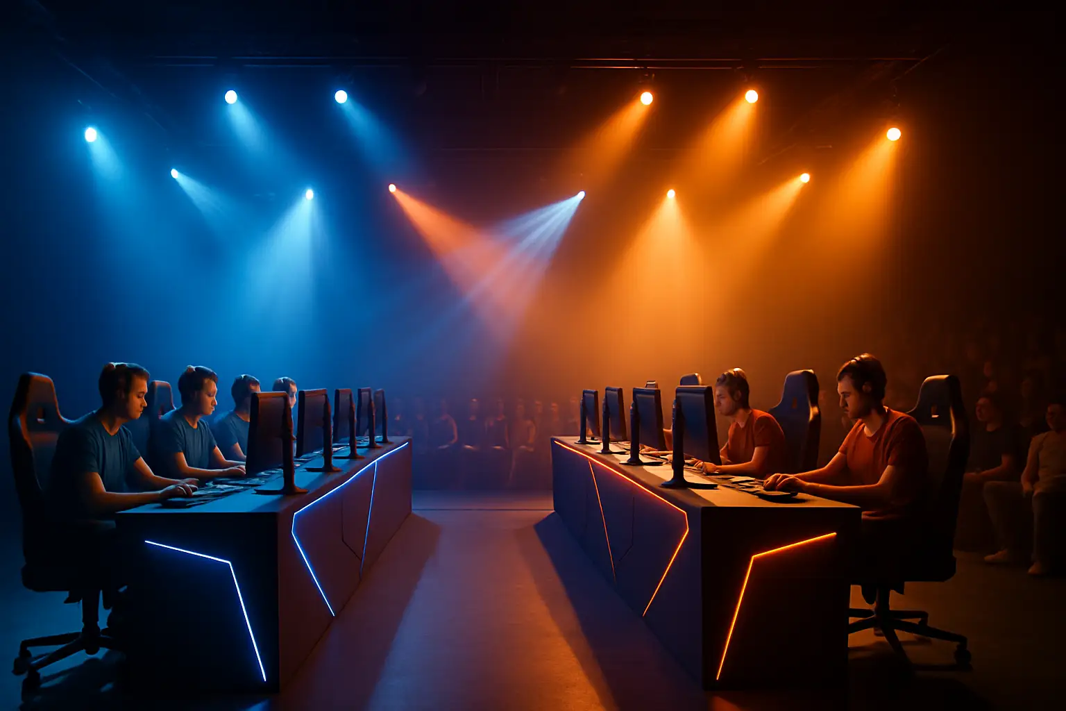 Two esports teams competing on stage under colorful arena lighting during a regional League of Legends tournament