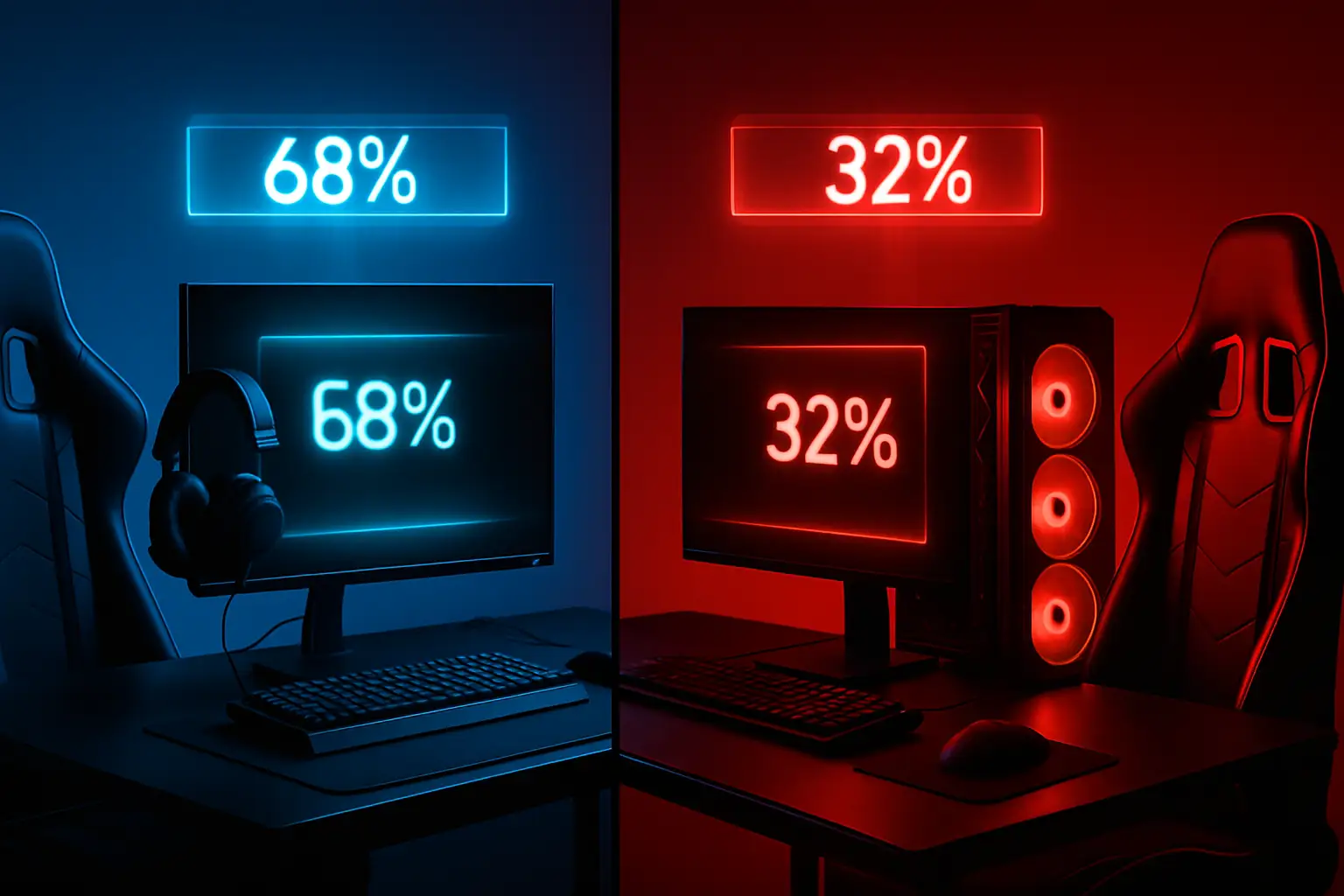 Two esports teams facing off on a digital arena stage with prediction market odds displayed on screens