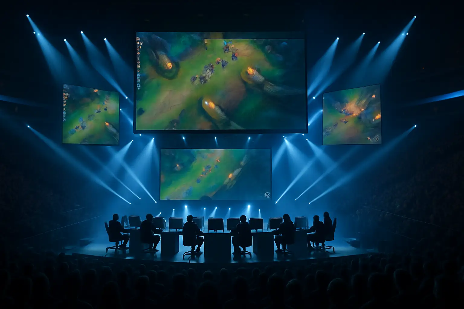 Players competing on stage at a large esports tournament under bright arena lights