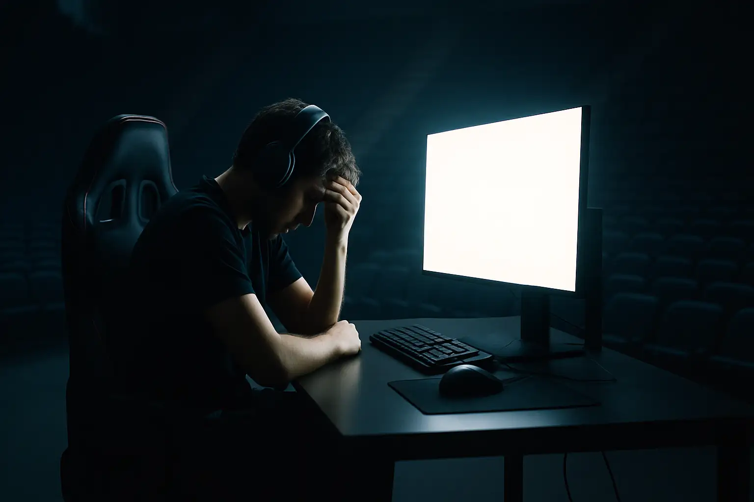 A professional esports player sitting alone in a darkened arena, staring at a glowing monitor with visible tension