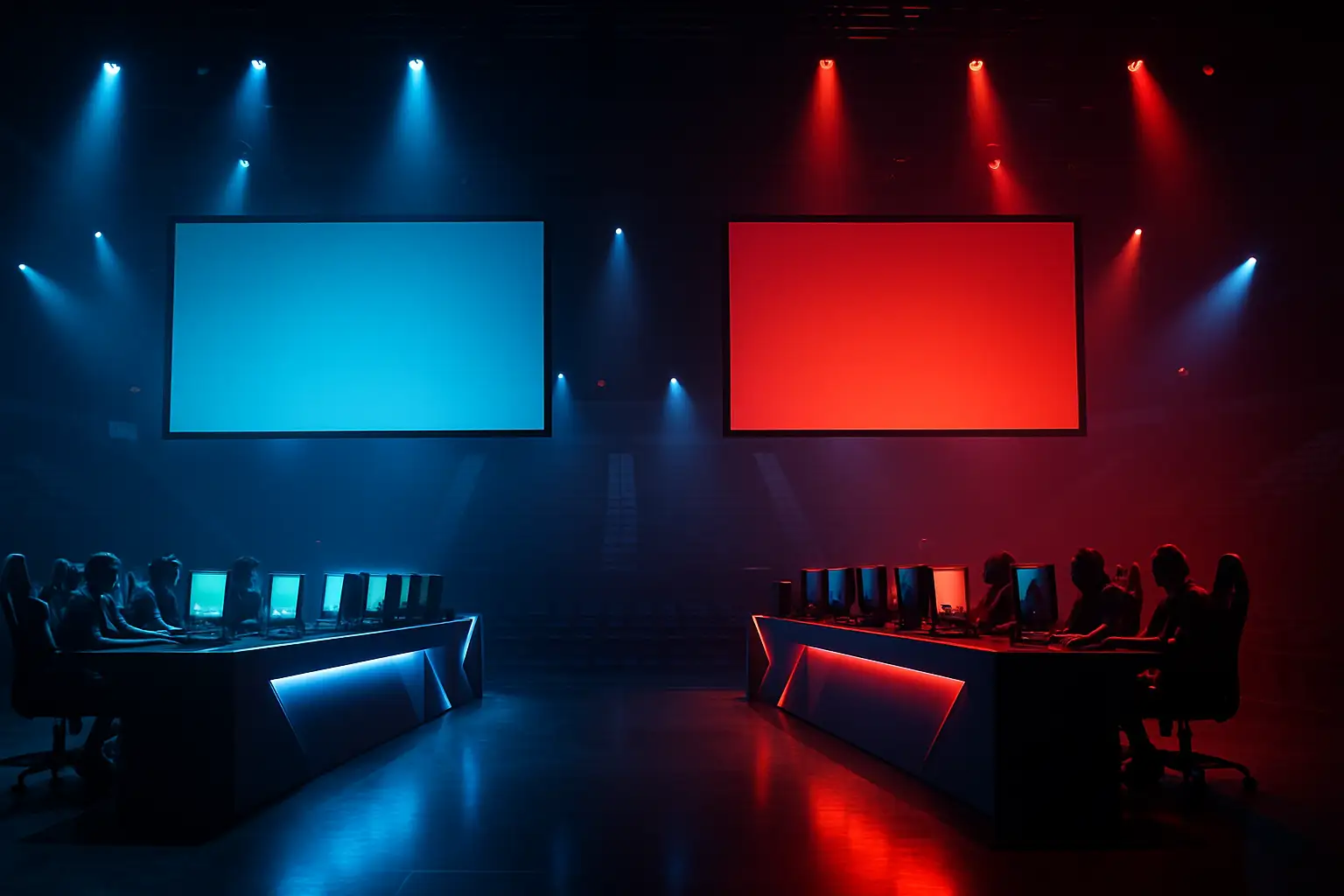 VALORANT players competing on a lit-up esports stage during a high-stakes regional qualifier