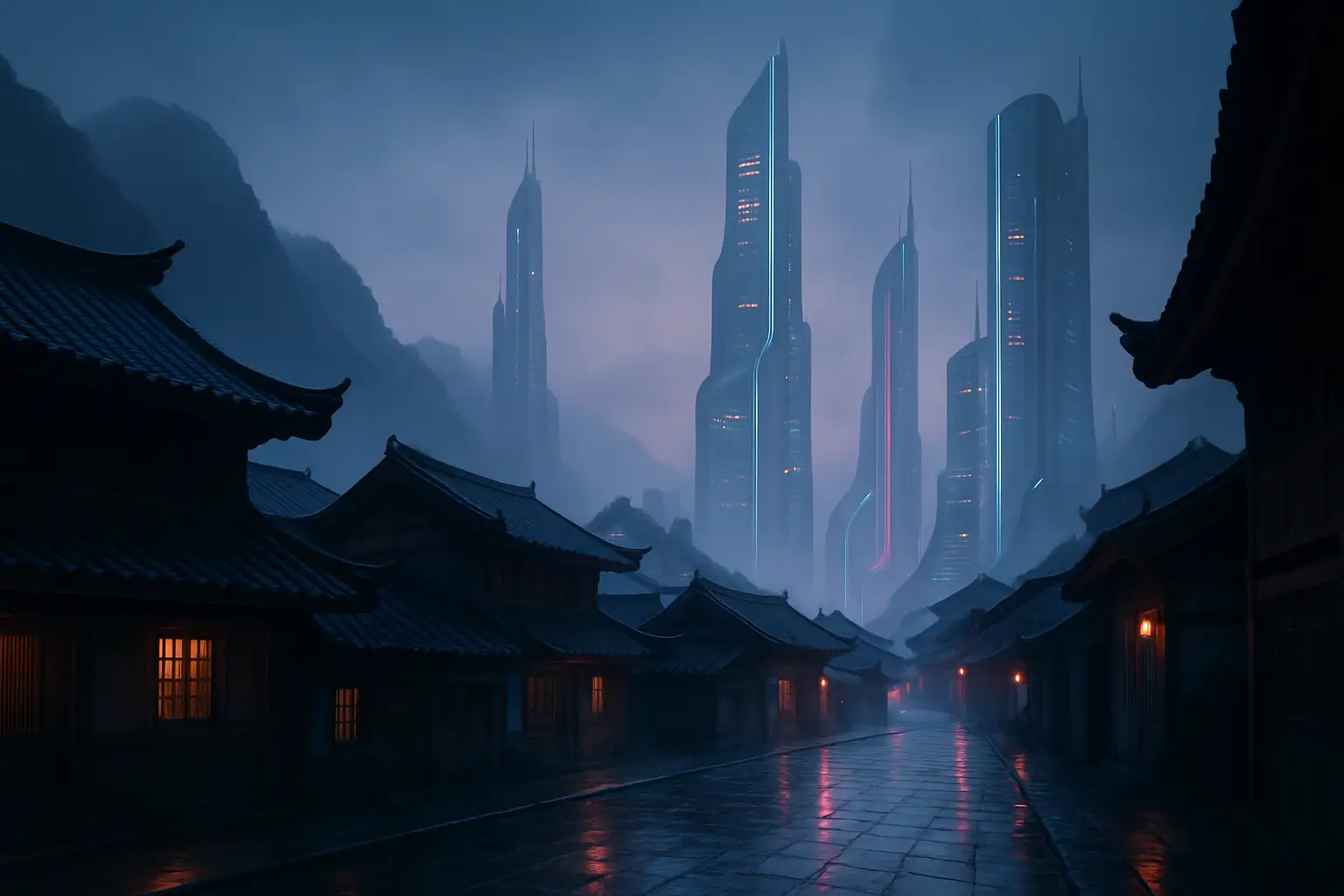 A stylized view of a Chinese-inspired town setting with neon-lit architecture and misty mountain backdrop representing a new esports game map